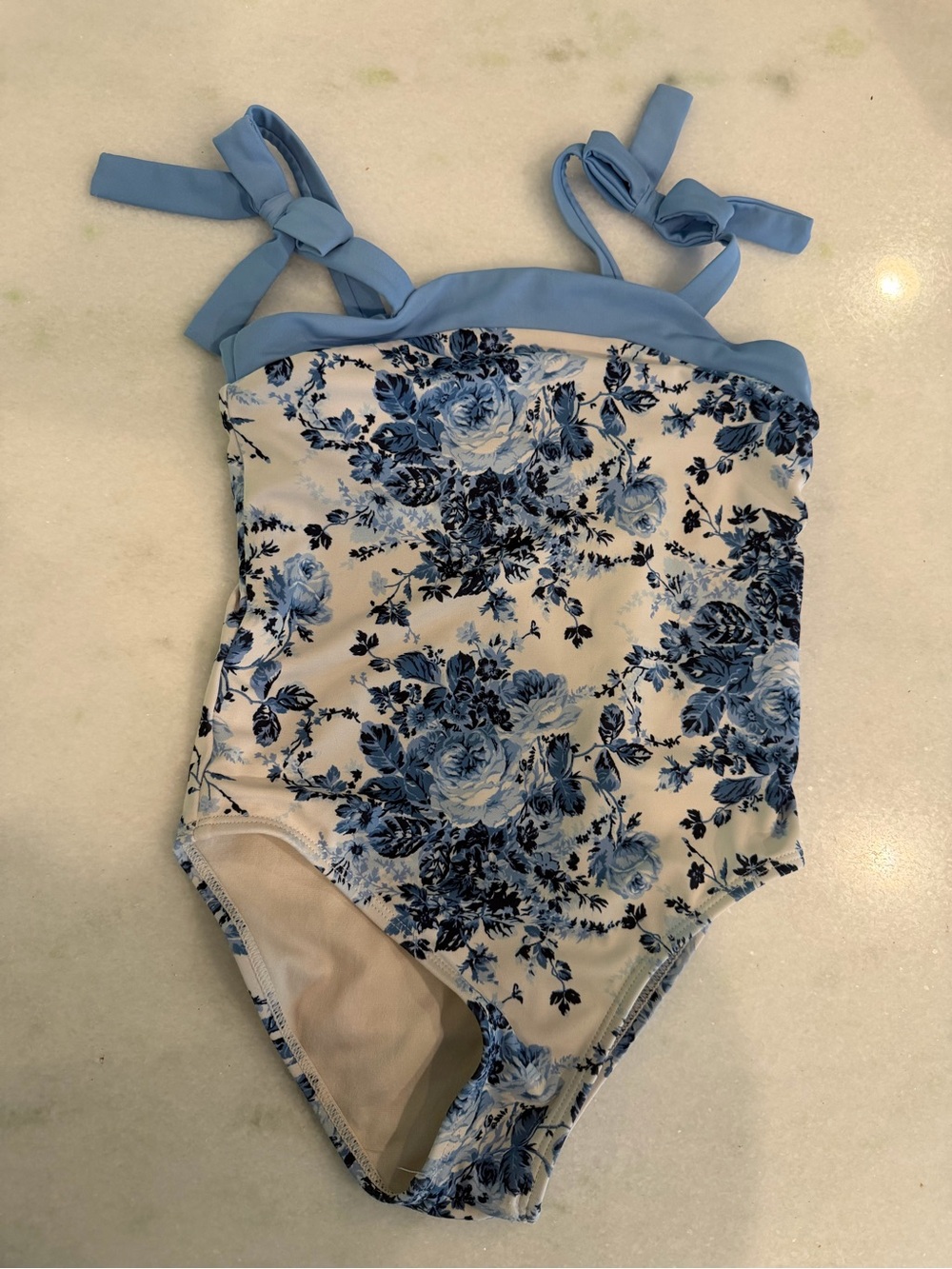 Girls Janie and Jack Blue Floral Bow-Shoulder One-Piece Swimsuit